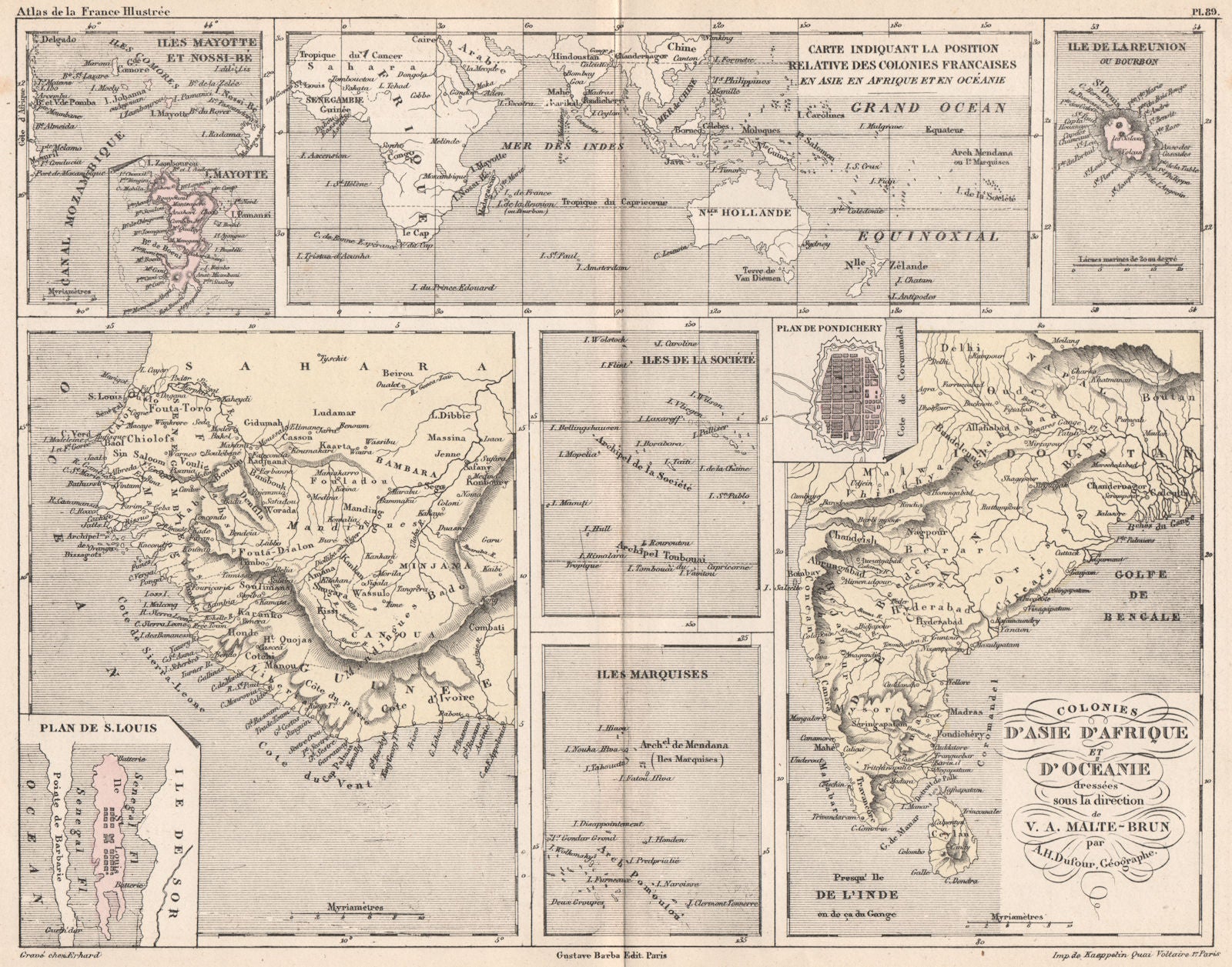 COLONIES FRANCAISES. Reunion Mayotte Senegal Pondichery Polynésie 1852 old map